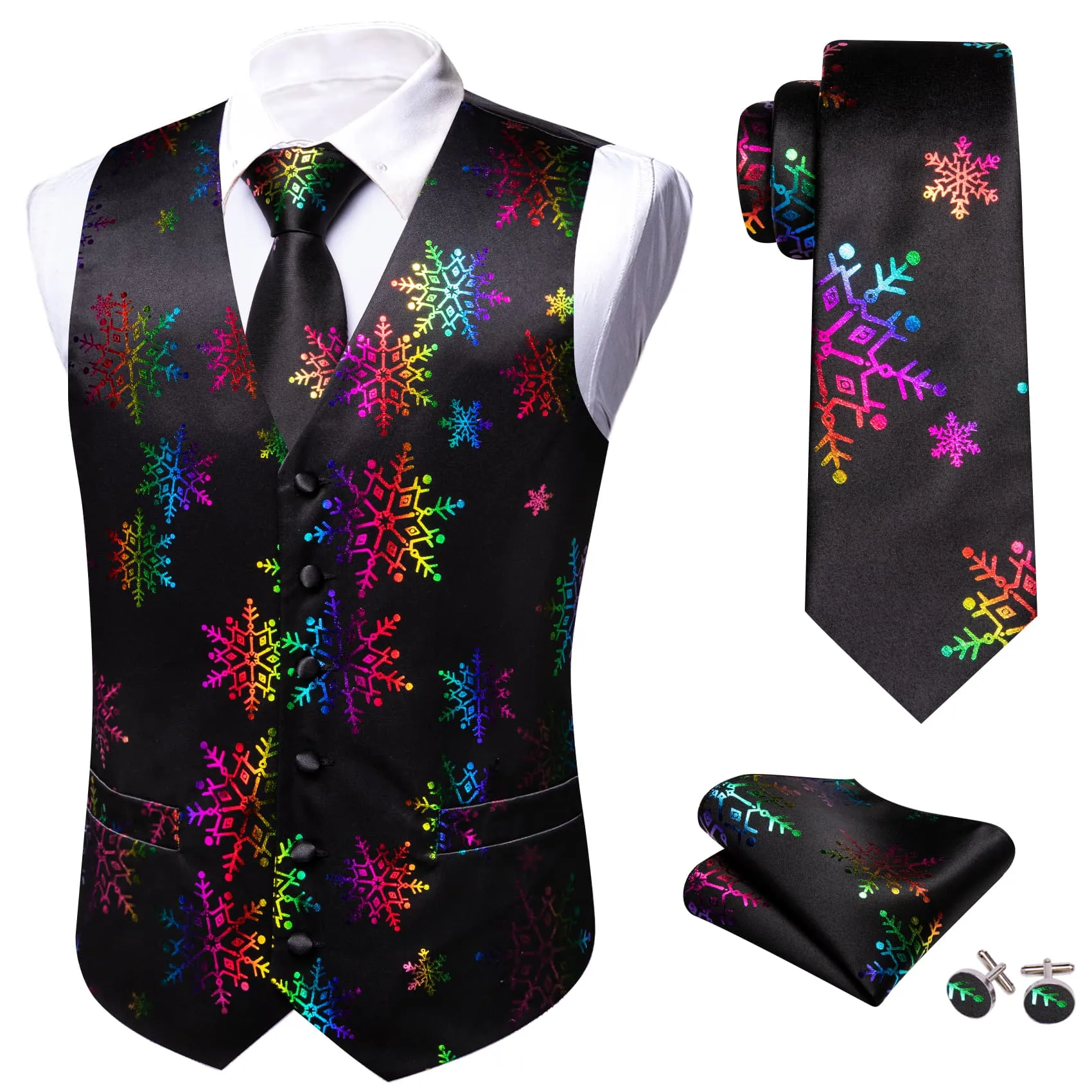 Barry Wang Mens Vest Black Colored Snowflakes Novelty Silk Christmas Waistcoat Tie Set sold by Barrywang product image thumbnail 2