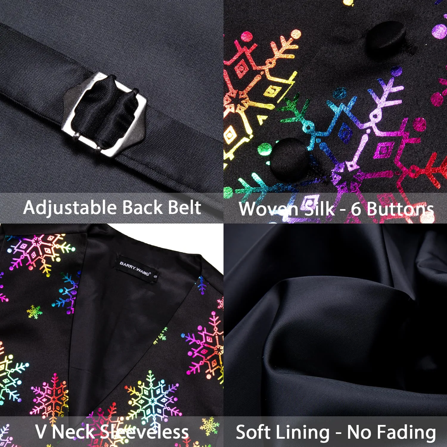 Barry Wang Mens Vest Black Colored Snowflakes Novelty Silk Christmas Waistcoat Tie Set sold by Barrywang product image thumbnail 5