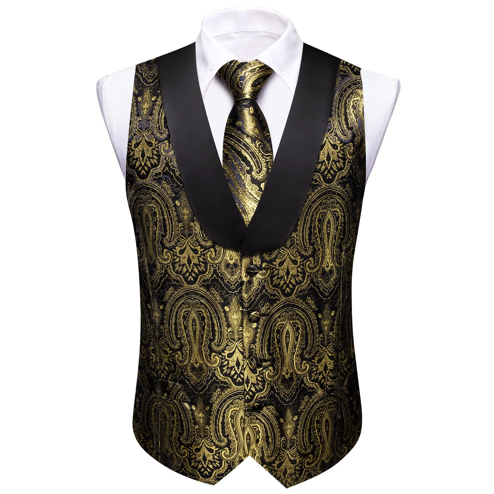 Barry. Wang Mens Vest Black Gold Floral Shawl Lapel Silk Waistcoat Tie Set sold by Barrywang product image thumbnail 3