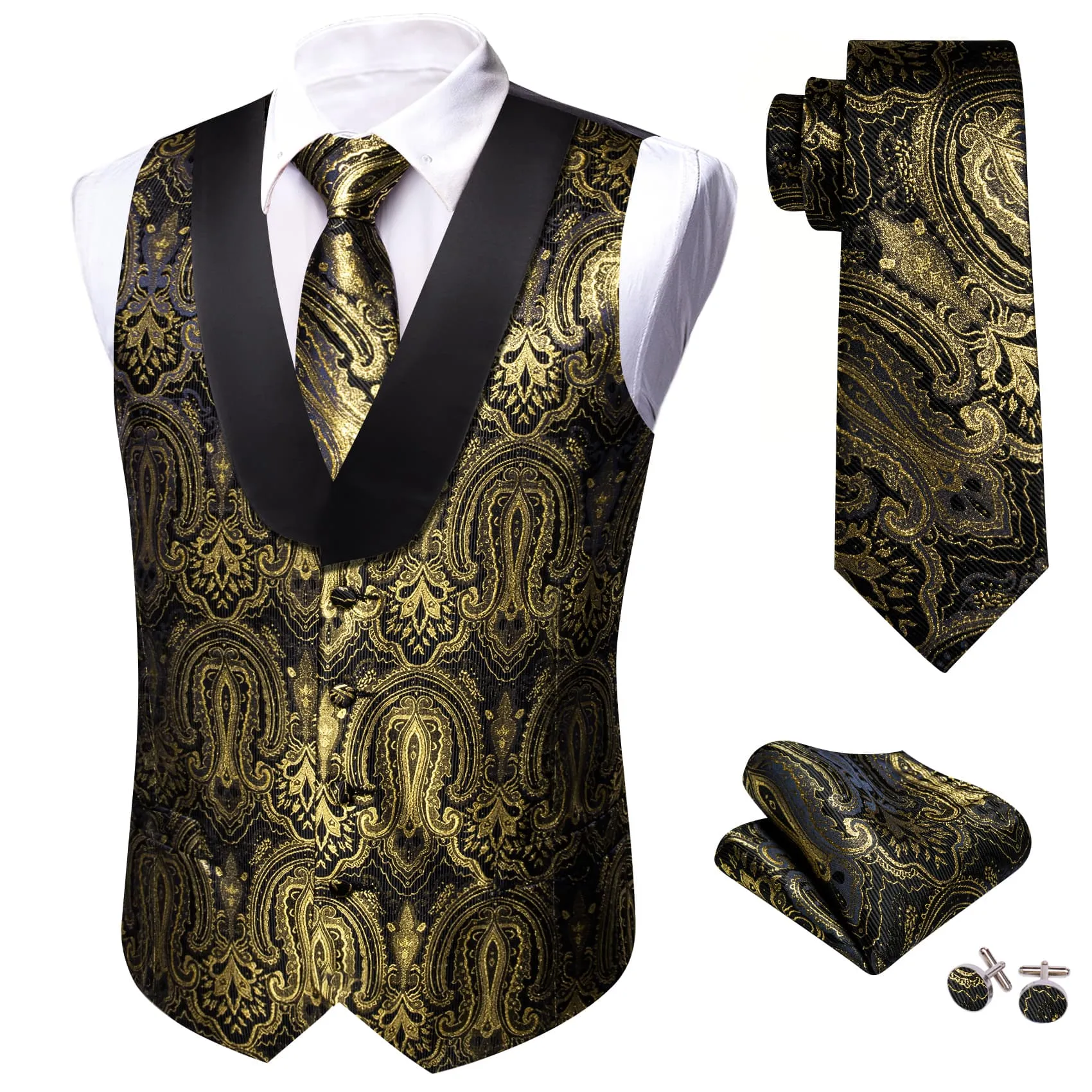 Barry. Wang Mens Vest Black Gold Floral Shawl Lapel Silk Waistcoat Tie Set sold by Barrywang product image thumbnail 2