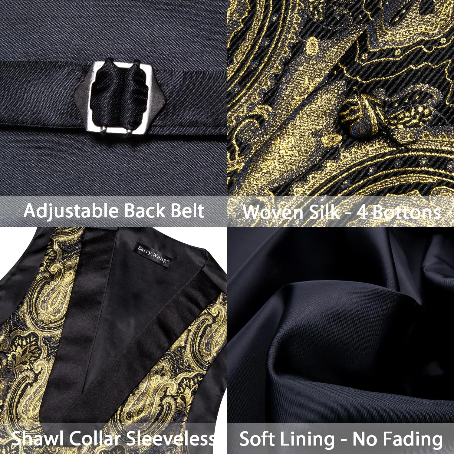 Barry. Wang Mens Vest Black Gold Floral Shawl Lapel Silk Waistcoat Tie Set sold by Barrywang product image thumbnail 5