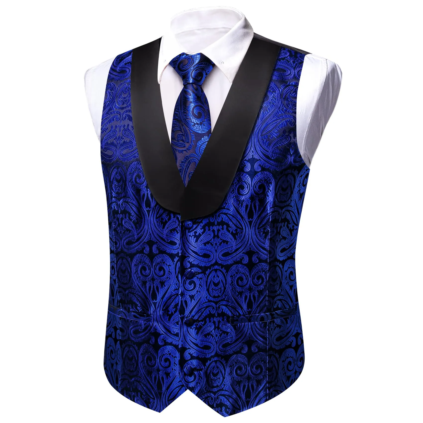 Barry. Wang Mens Vest Navy Blue Paisley Black Shawl Lapel Silk Waistcoat Tie Set sold by Barrywang product image thumbnail 3