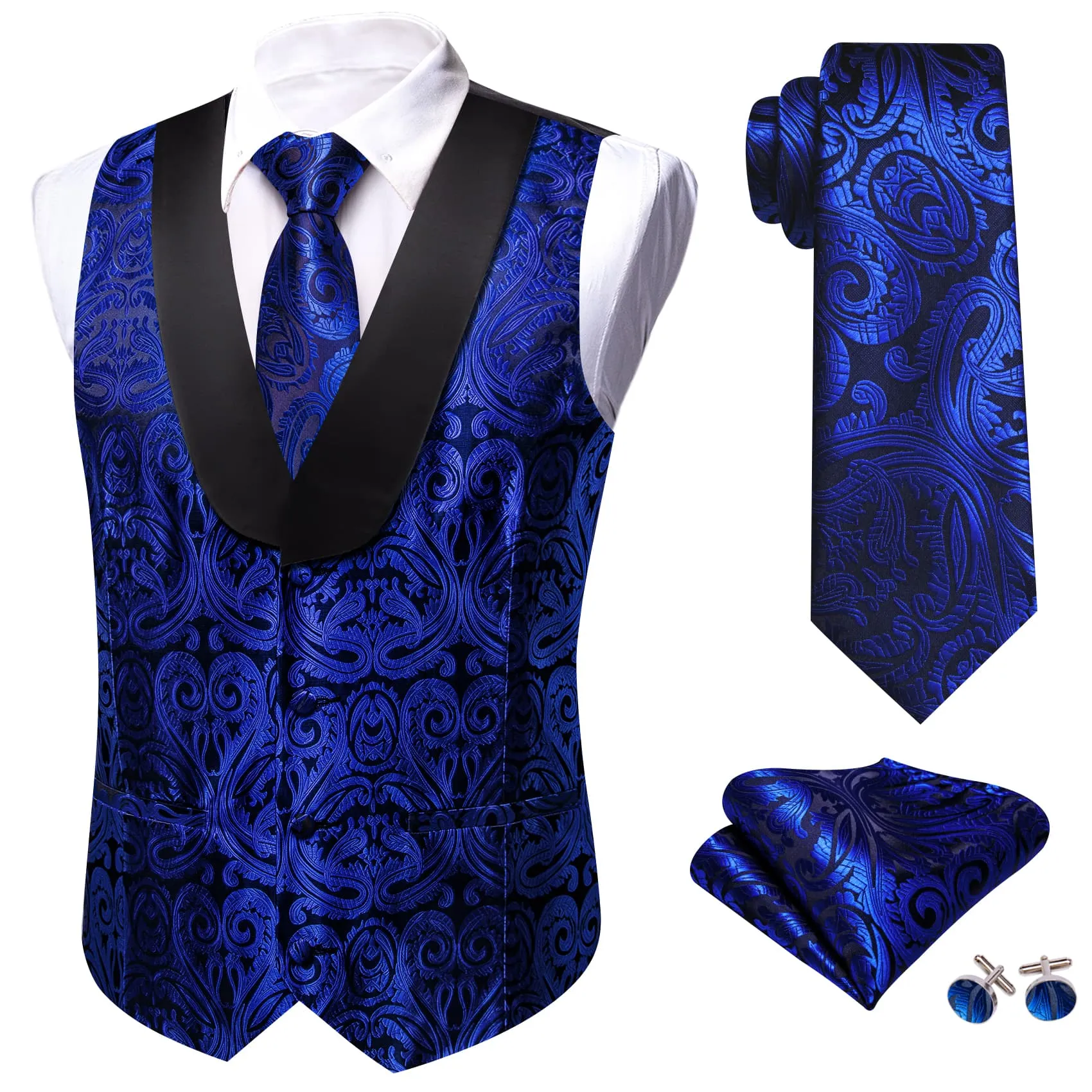 Barry. Wang Mens Vest Navy Blue Paisley Black Shawl Lapel Silk Waistcoat Tie Set sold by Barrywang product image thumbnail 2