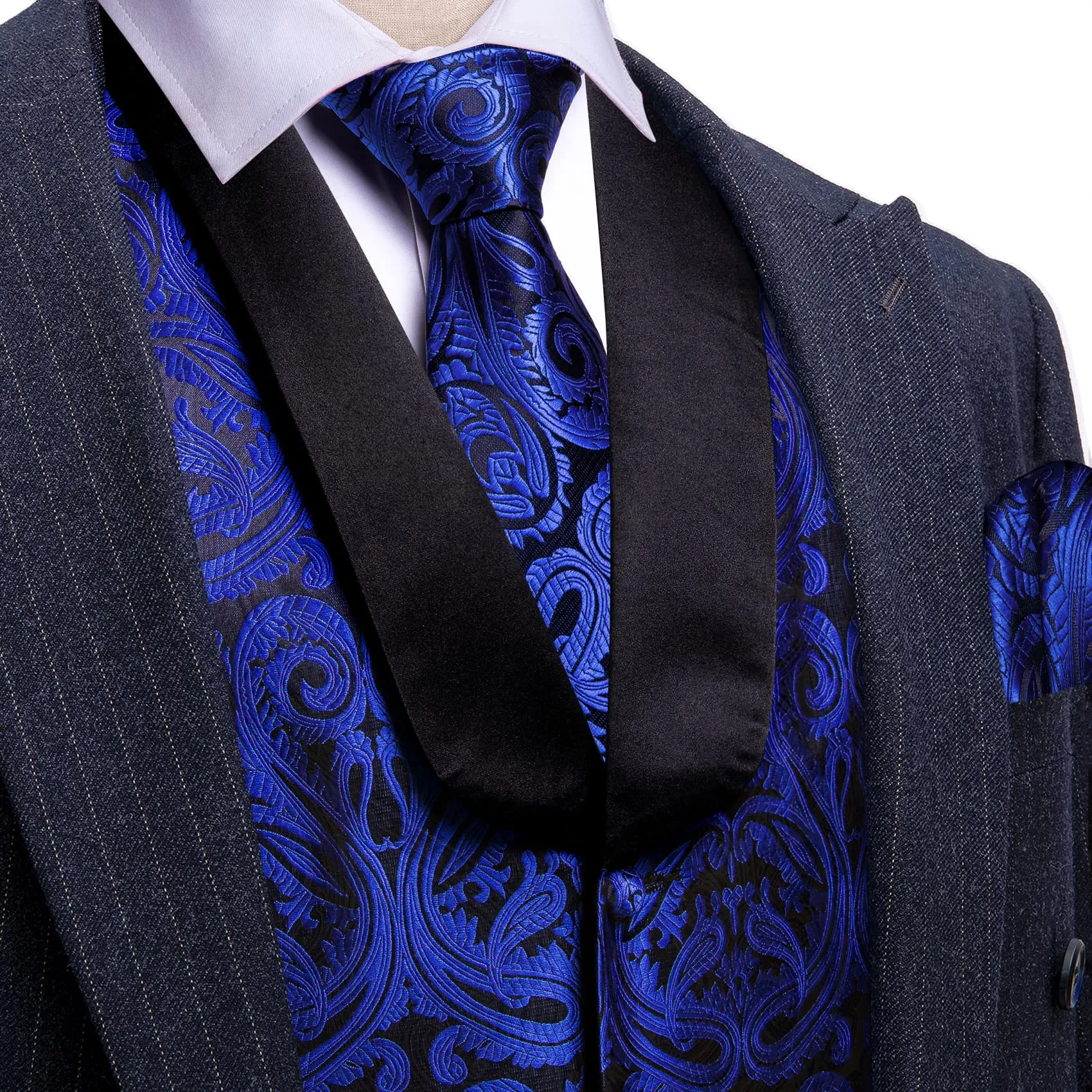 Barry. Wang Mens Vest Navy Blue Paisley Black Shawl Lapel Silk Waistcoat Tie Set sold by Barrywang