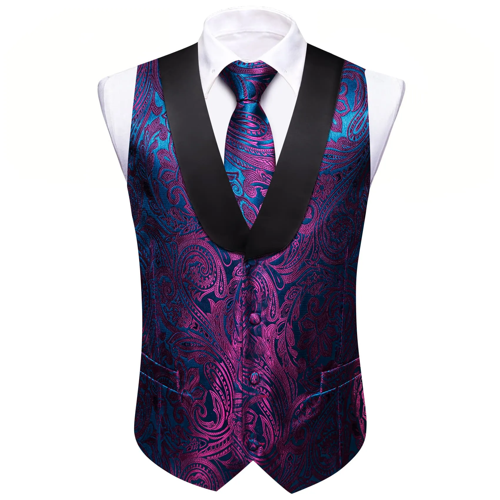 Barry. Wang Mens Vest Blue Purple Paisley Black Shawl Lapel Silk Waistcoat Tie Set sold by Barrywang product image thumbnail 3