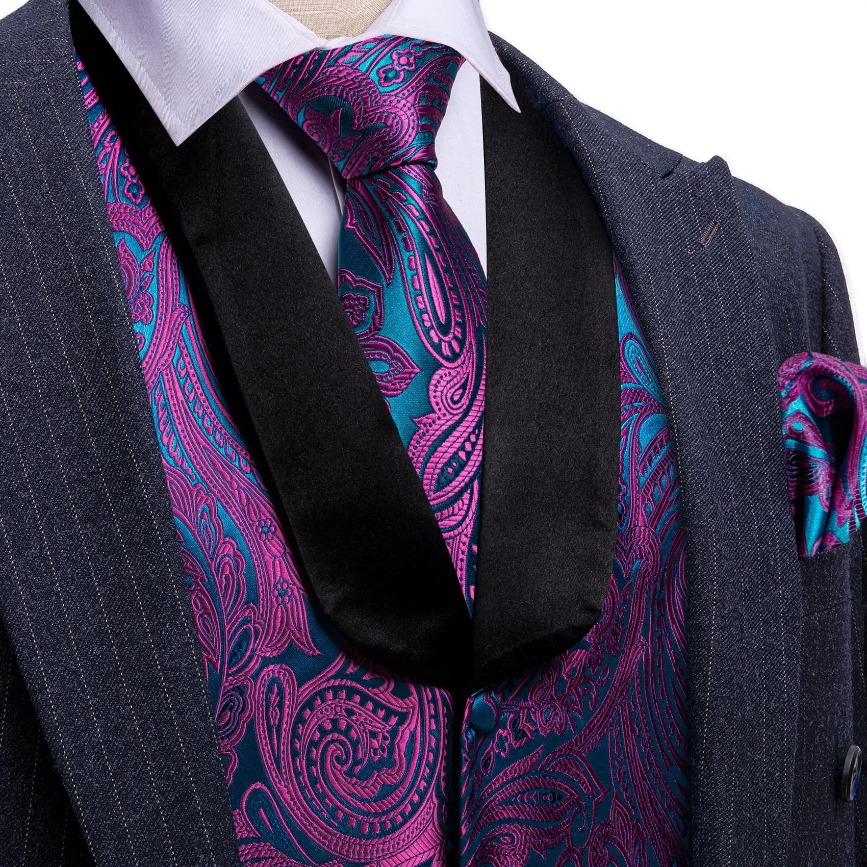 Barry. Wang Mens Vest Blue Purple Paisley Black Shawl Lapel Silk Waistcoat Tie Set sold by Barrywang