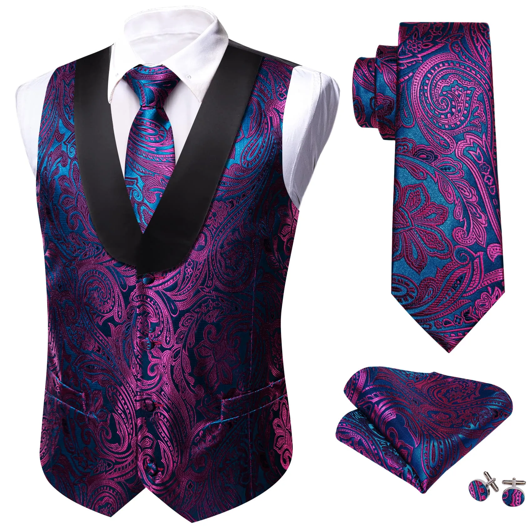 Barry. Wang Mens Vest Blue Purple Paisley Black Shawl Lapel Silk Waistcoat Tie Set sold by Barrywang product image thumbnail 2