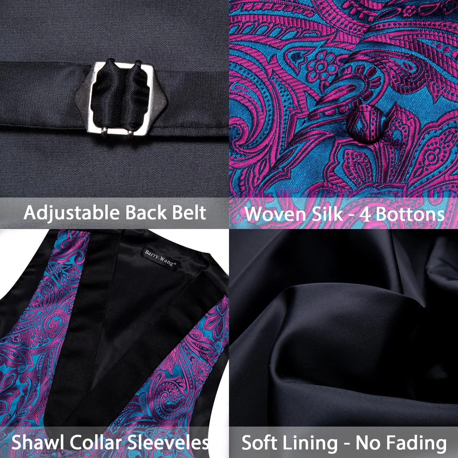 Barry. Wang Mens Vest Blue Purple Paisley Black Shawl Lapel Silk Waistcoat Tie Set sold by Barrywang product image thumbnail 5
