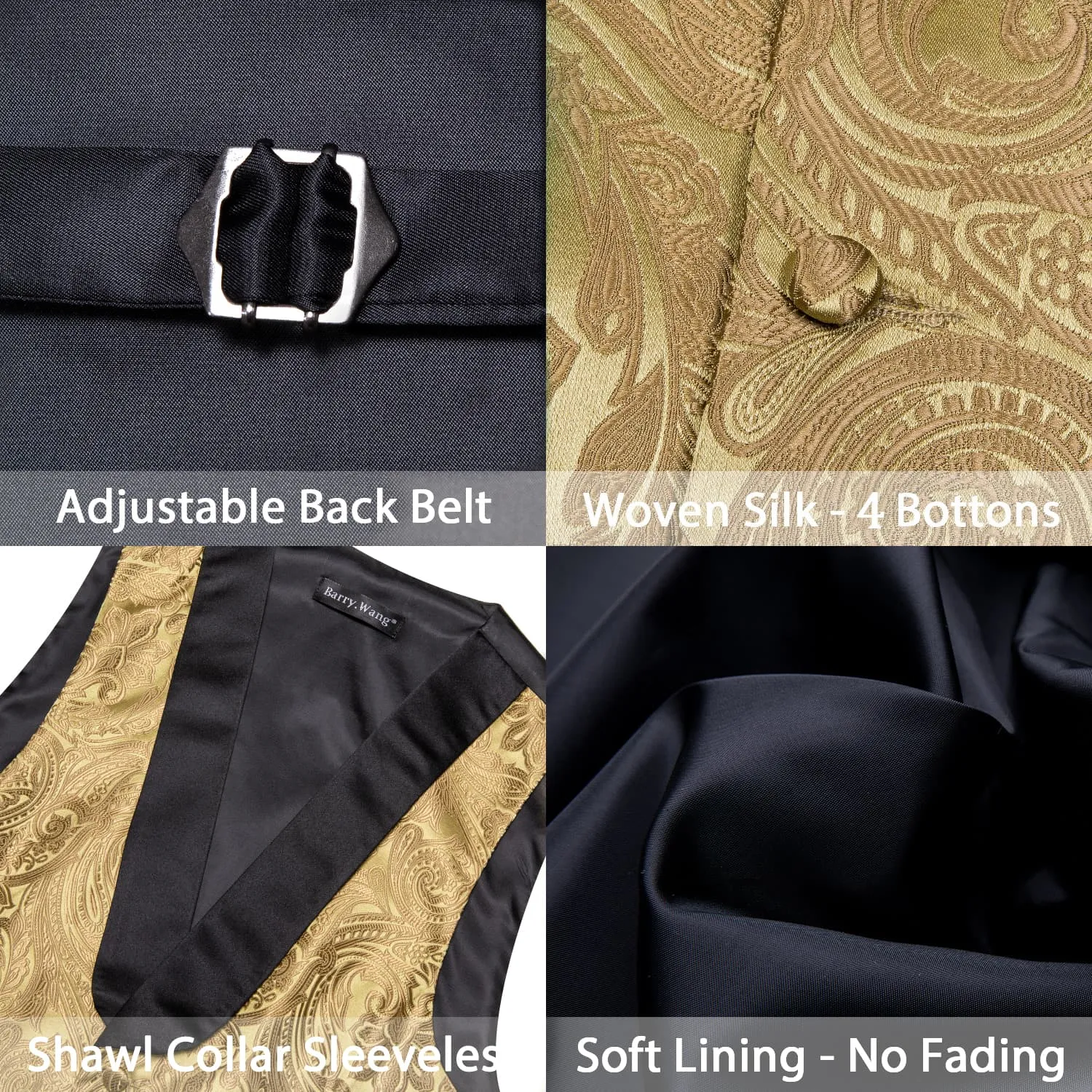Barry Wang Mens Vest Gold Paisley Black Shawl Lapel Silk Waistcoat Tie Set sold by Barrywang product image thumbnail 5