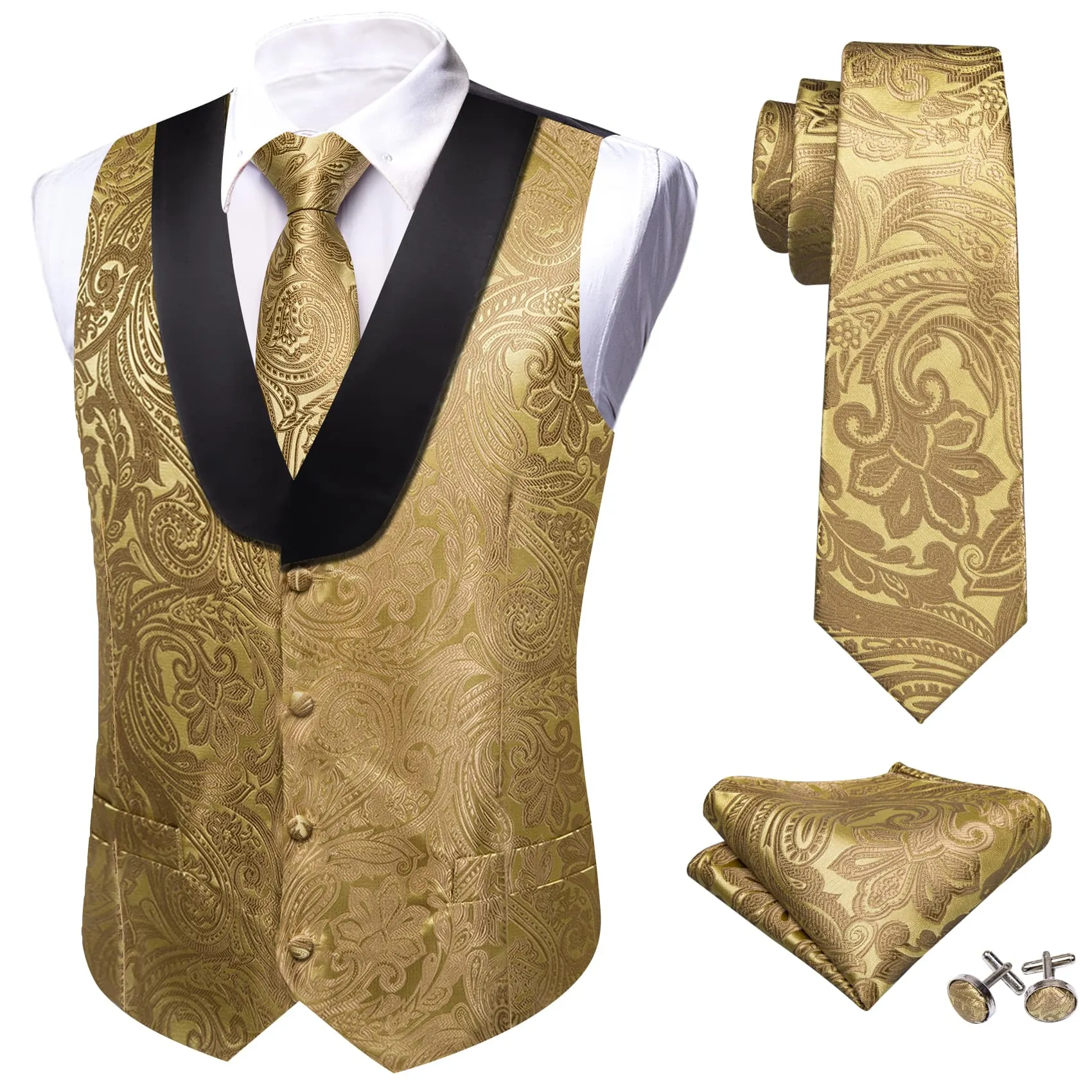 Barry Wang Mens Vest Gold Paisley Black Shawl Lapel Silk Waistcoat Tie Set sold by Barrywang product image thumbnail 2