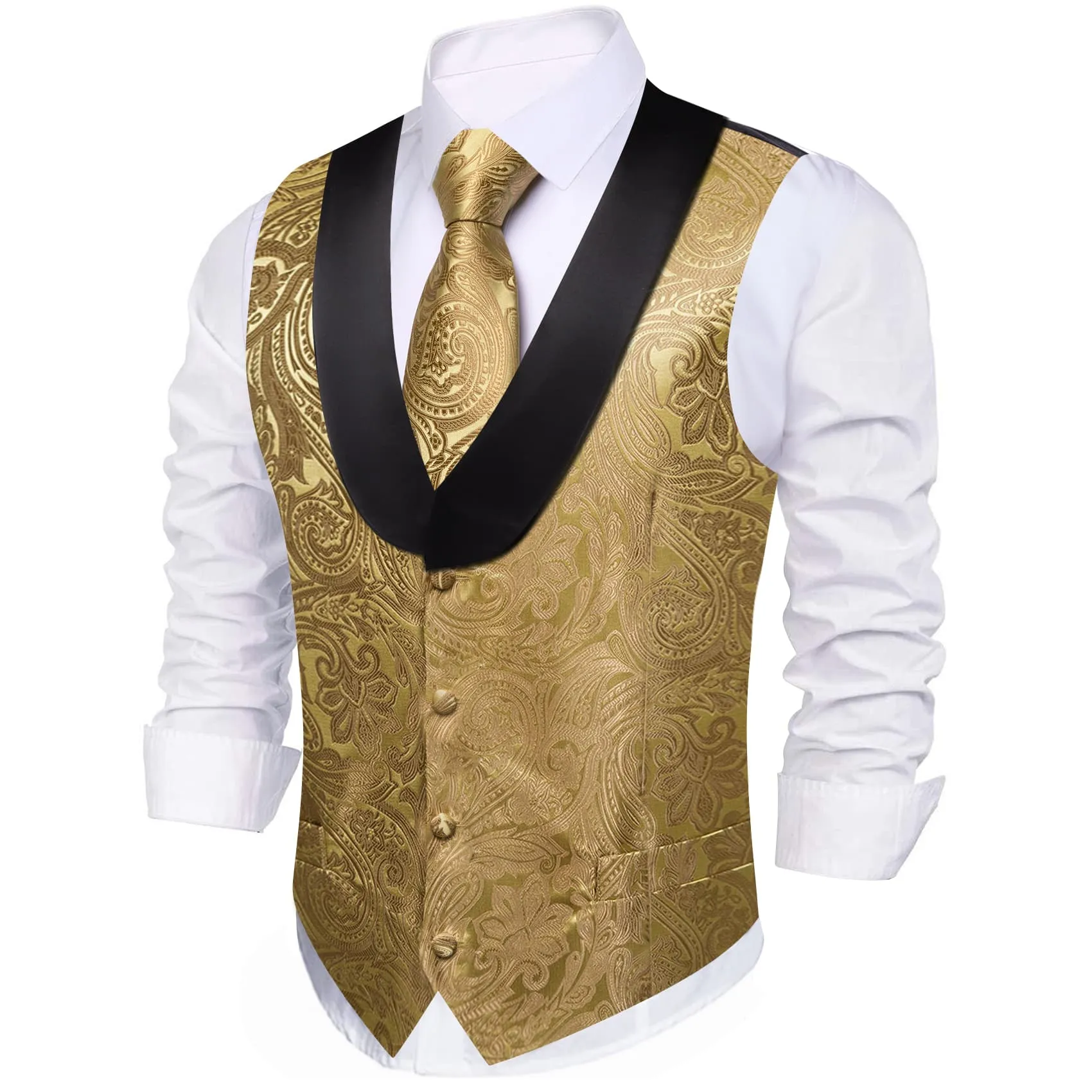 Barry Wang Mens Vest Gold Paisley Black Shawl Lapel Silk Waistcoat Tie Set sold by Barrywang product image thumbnail 3