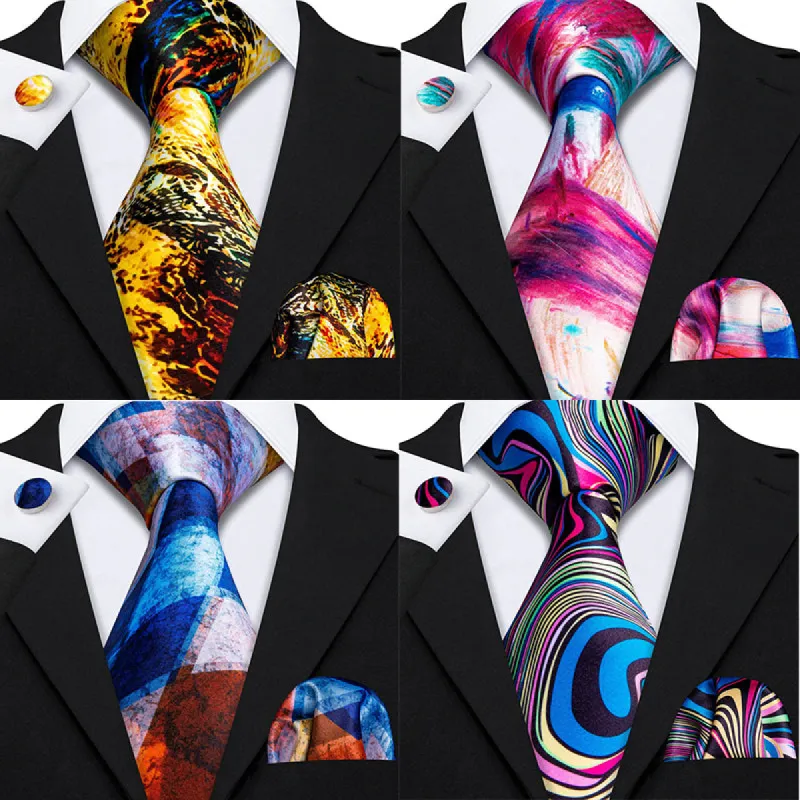 Barry.Wang 4pcs Men Fashion Gradient Silk Tie Pocket Square Cufflink Set made by Barrywang