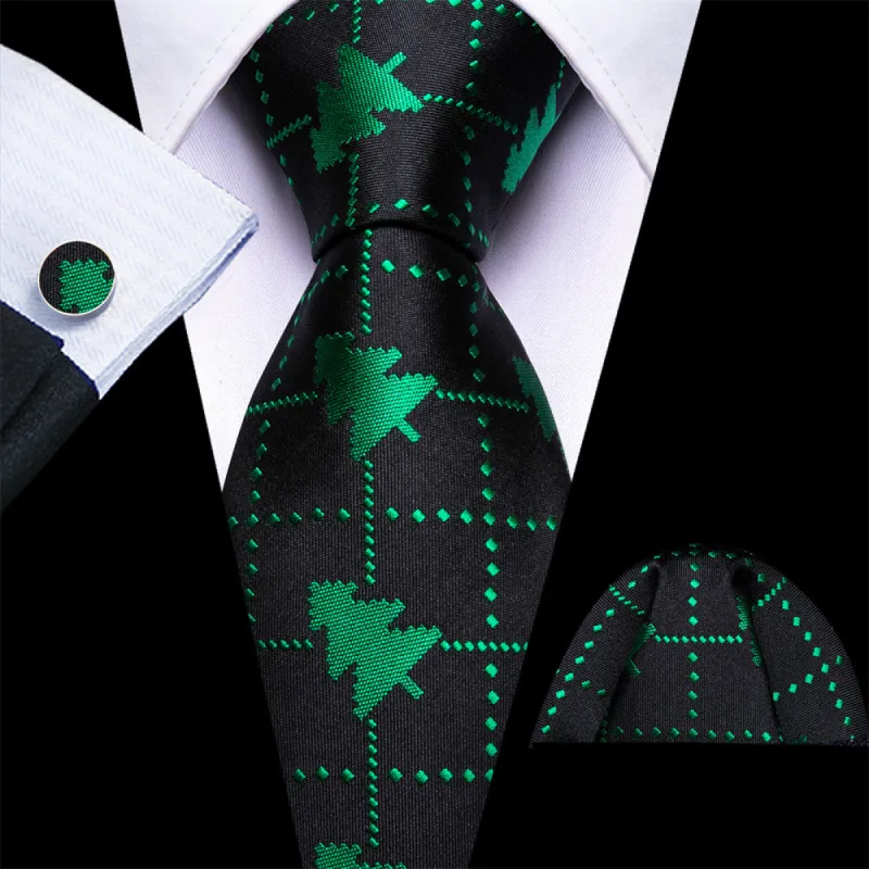 Barry Wang Christmas Black Green Pine Necktie Hanky Cufflinks Set sold by Barrywang