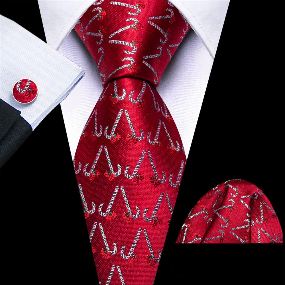 Barry Wang Christmas Red Candy Cane Necktie Hanky Cufflinks Set sold by Barrywang