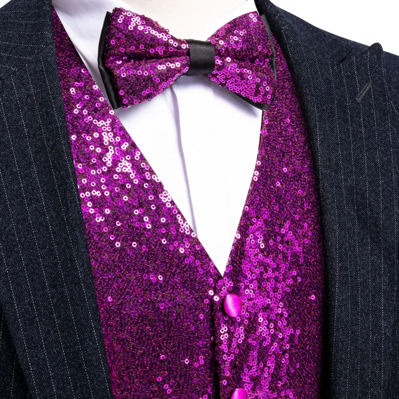 Barry Wang Mens Sequin Top Dark Purple Solid V-Neck Vest Bow Tie Set sold by Barrywang