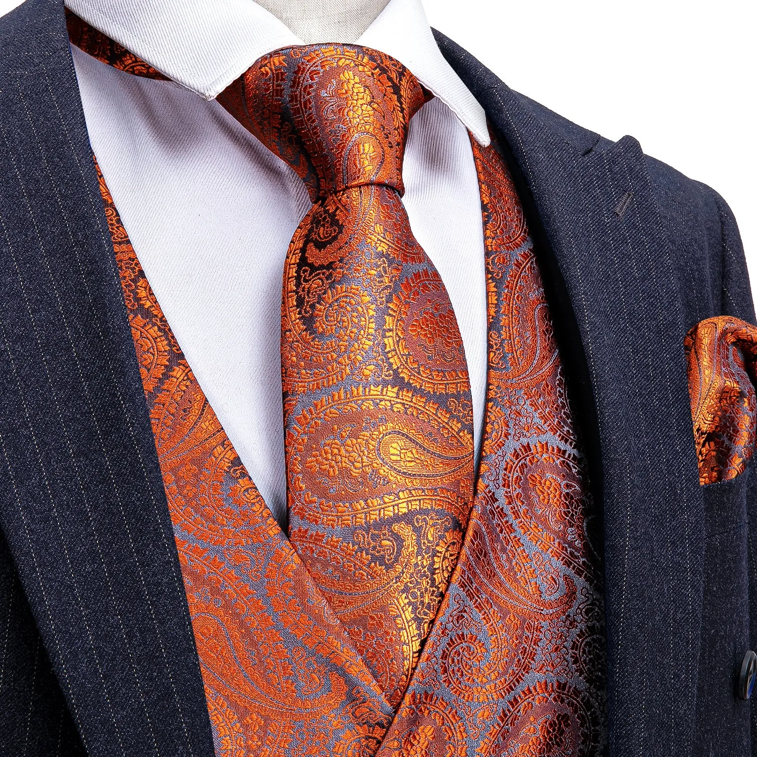 Barry.wang Men's Vest Orange Paisley Silk Tuxedo Vest Necktie Pocket Square Cufflinks Set sold by Barrywang