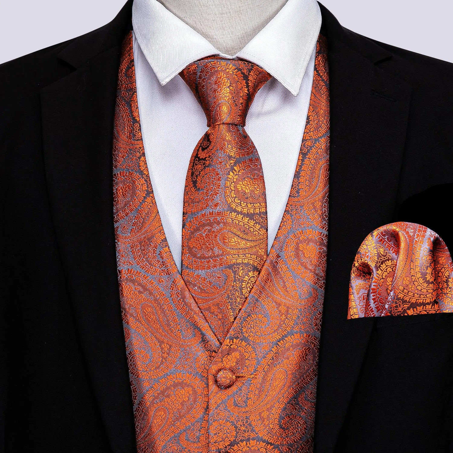 Barry.wang Men's Vest Orange Paisley Silk Tuxedo Vest Necktie Pocket Square Cufflinks Set sold by Barrywang product image thumbnail 2