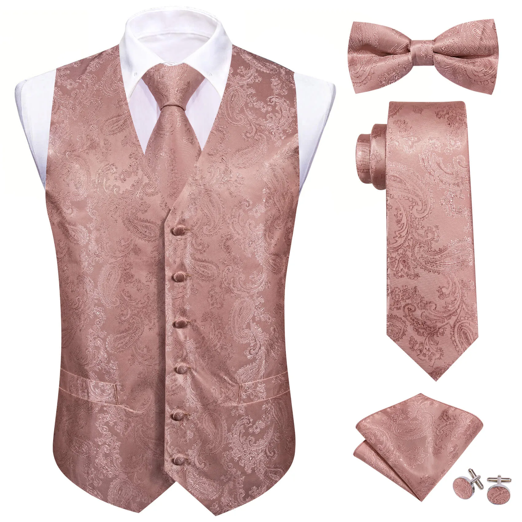 Barry Wang 5pcs Mens Waistcoat Set Dusty Rose Pink Paisley Vest sold by Barrywang