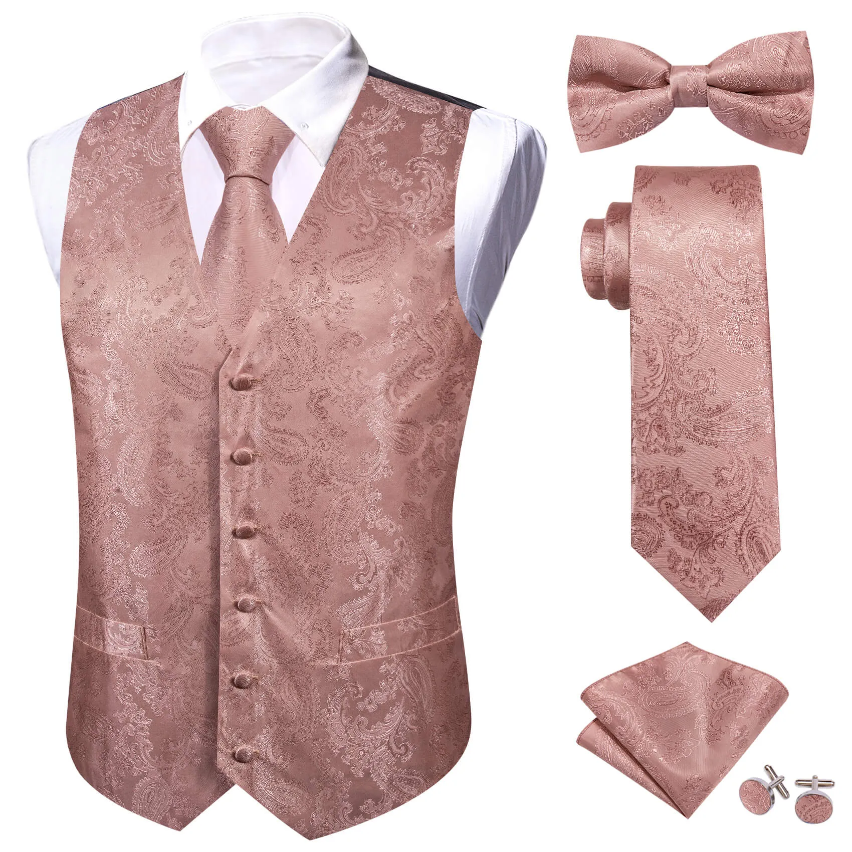 Barry Wang 5pcs Mens Waistcoat Set Dusty Rose Pink Paisley Vest sold by Barrywang product image thumbnail 4