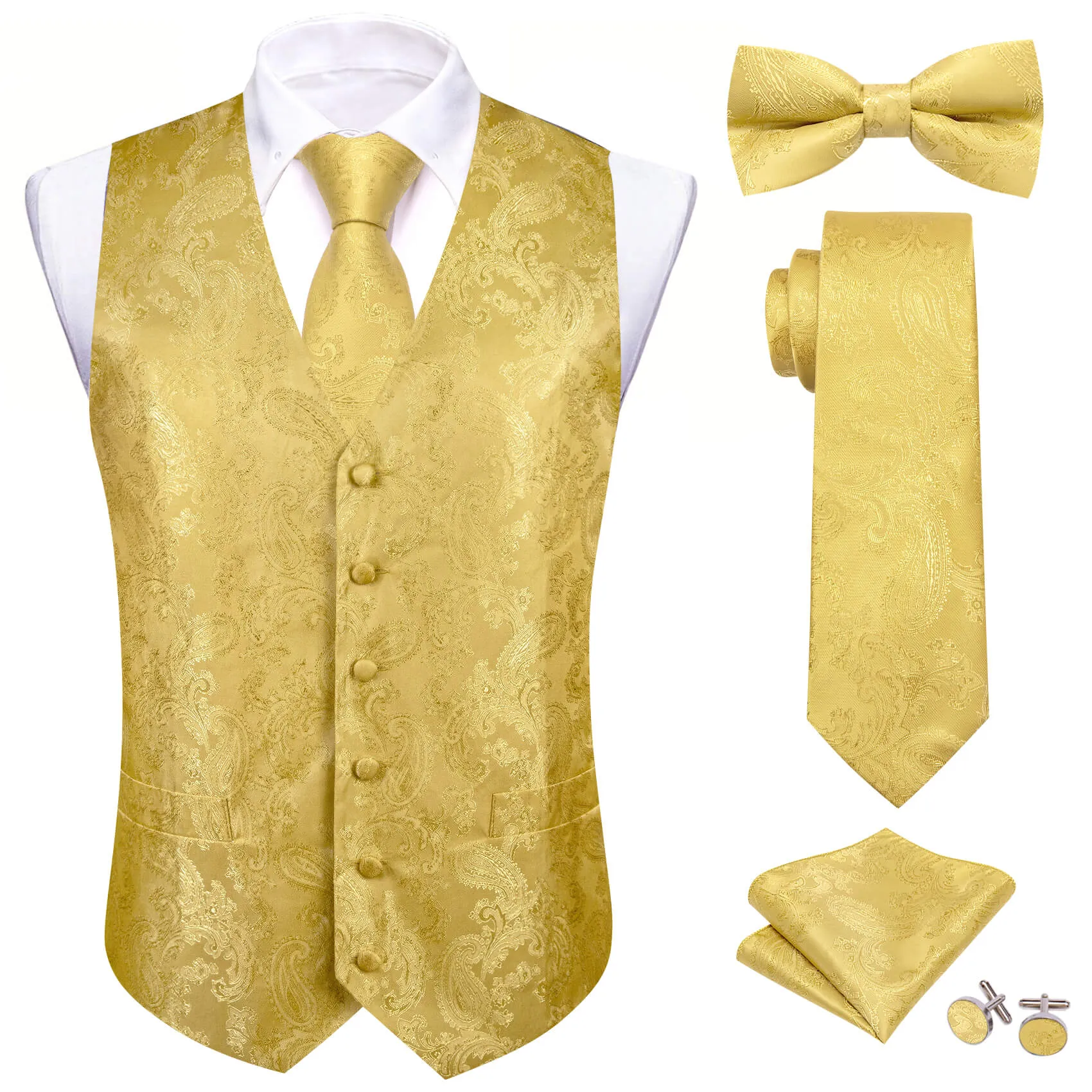 Barry. Wang 5pcs Mens Waistcoat Set Sand Yellow Paisley Vest sold by Barrywang