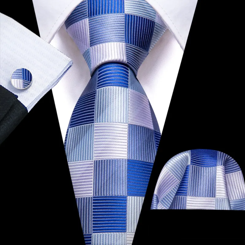 Barry Wang Blue Tie Gradient Blue Grey Plaid Handkerchief Necktie Set sold by Barrywang