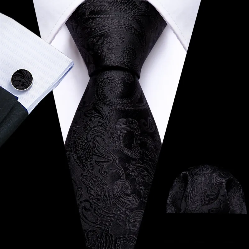 Barry. Wang Formal Black Paisley Silk Tie Handkerchief Cufflinks Set sold by Barrywang