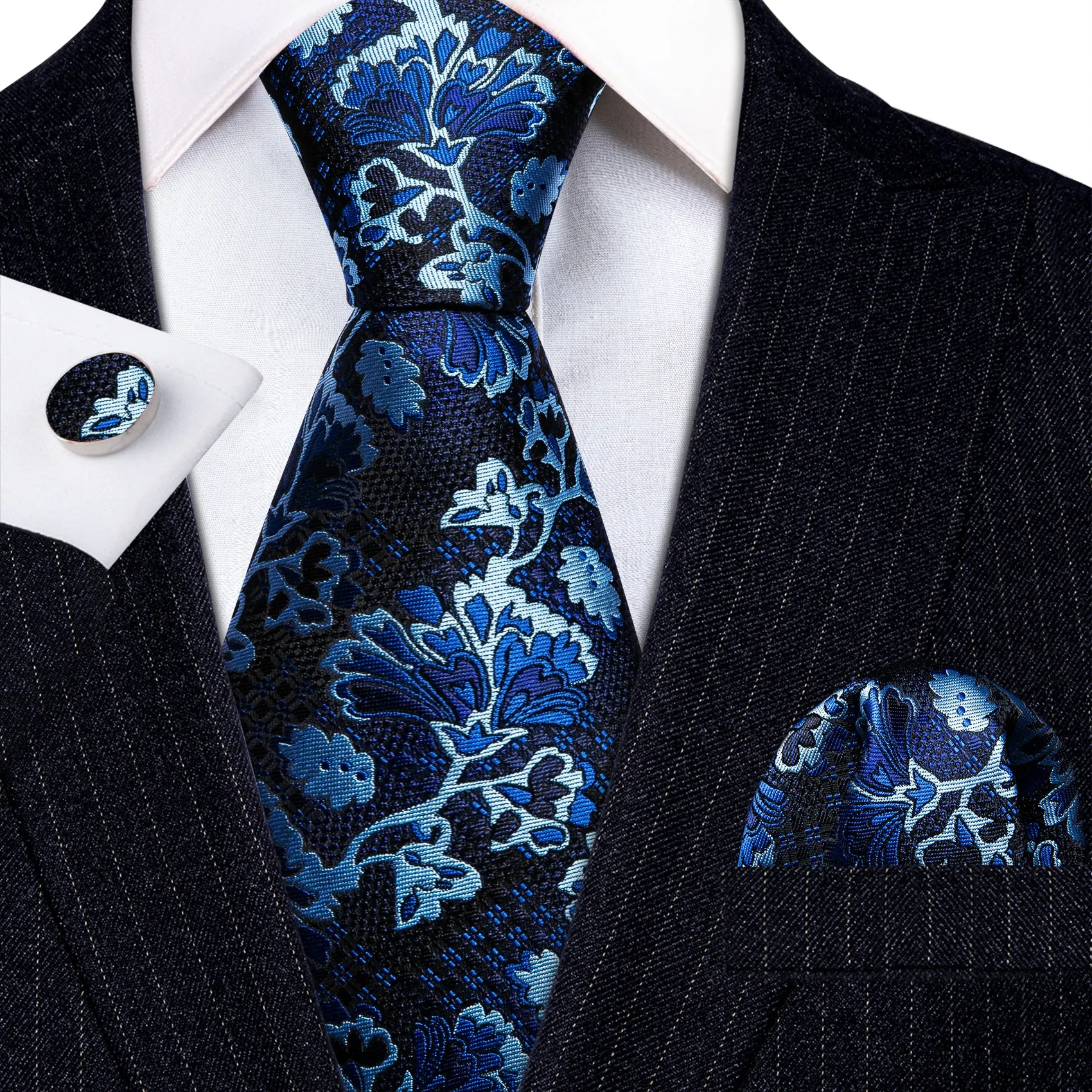 Black Blue Floral Silk Tie Handkerchief Cufflinks Set sold by Barrywang product image thumbnail 2