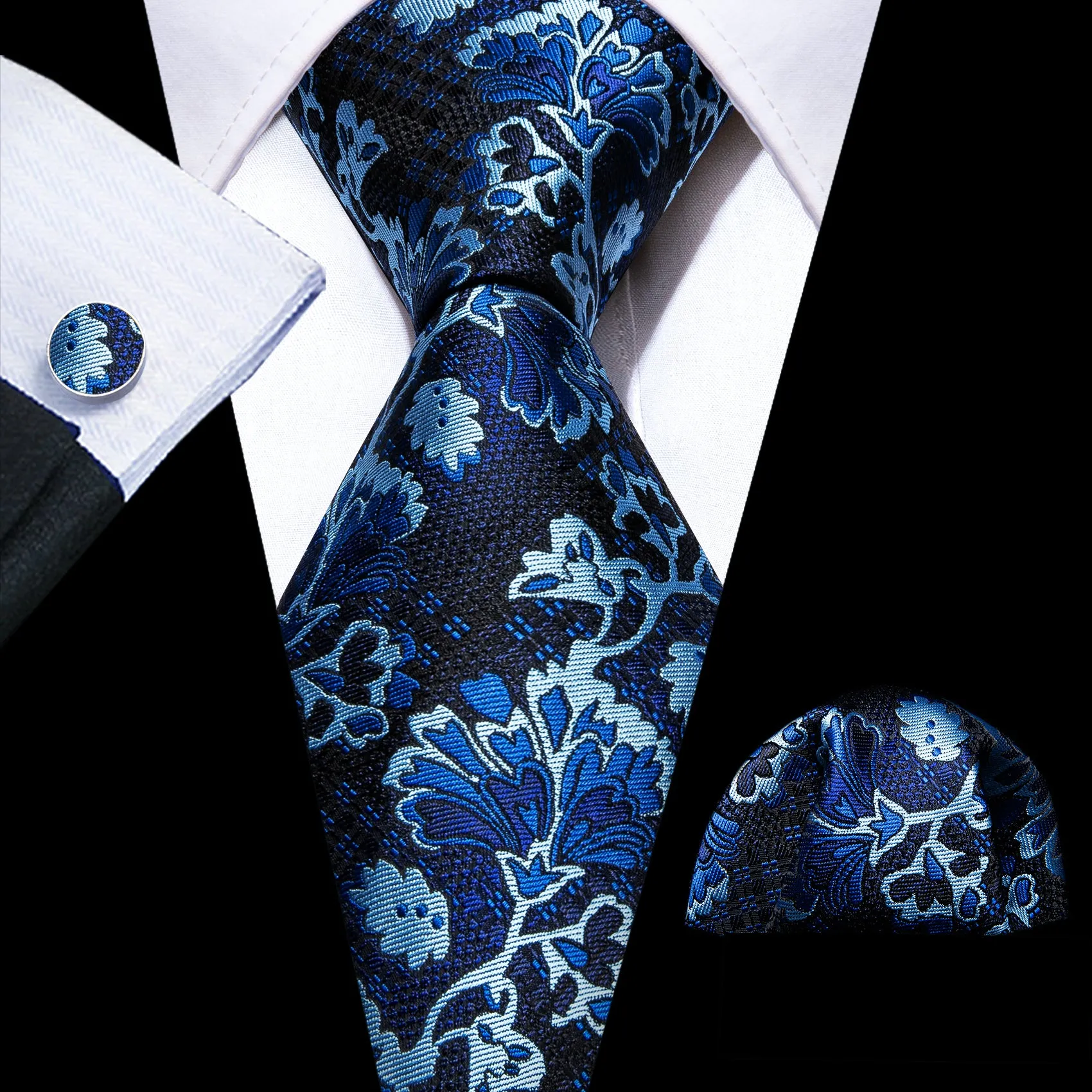 Black Blue Floral Silk Tie Handkerchief Cufflinks Set sold by Barrywang
