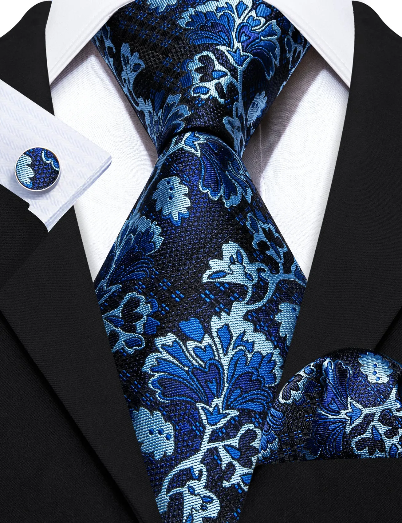 Black Blue Floral Silk Tie Handkerchief Cufflinks Set sold by Barrywang product image thumbnail 5