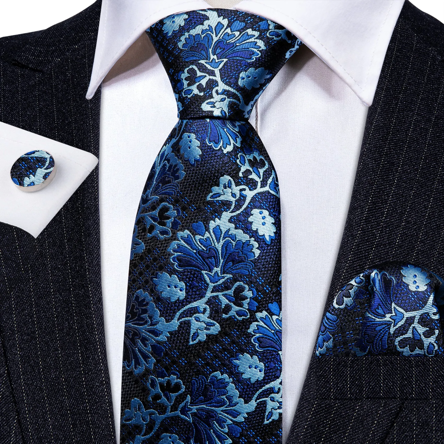 Black Blue Floral Silk Tie Handkerchief Cufflinks Set sold by Barrywang product image thumbnail 4