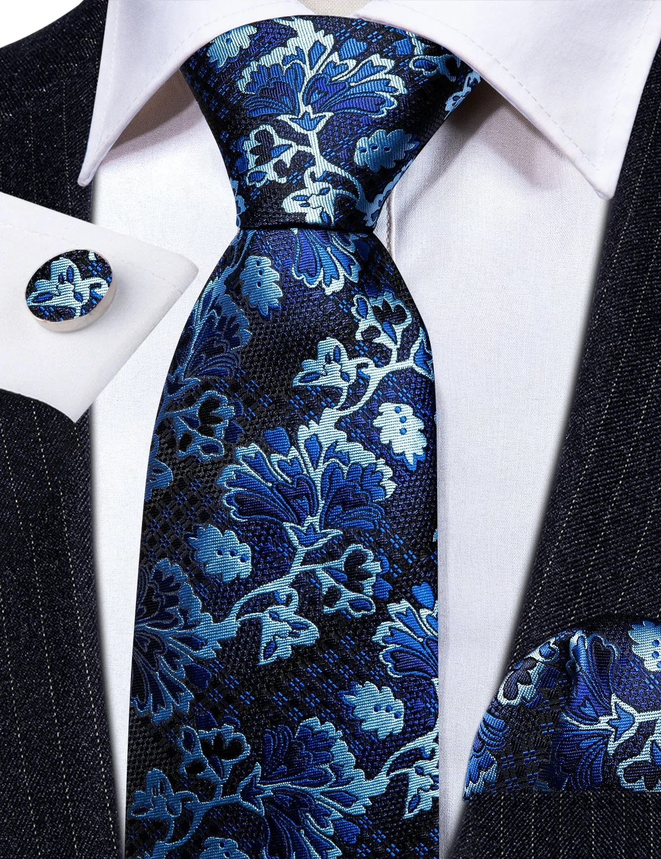 Black Blue Floral Silk Tie Handkerchief Cufflinks Set sold by Barrywang product image thumbnail 3