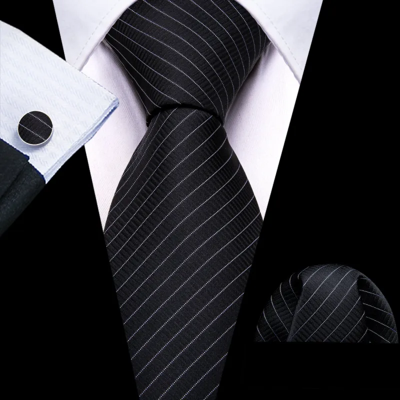 Black White Striped Silk Tie Pocket Square Cufflinks Set sold by Barrywang