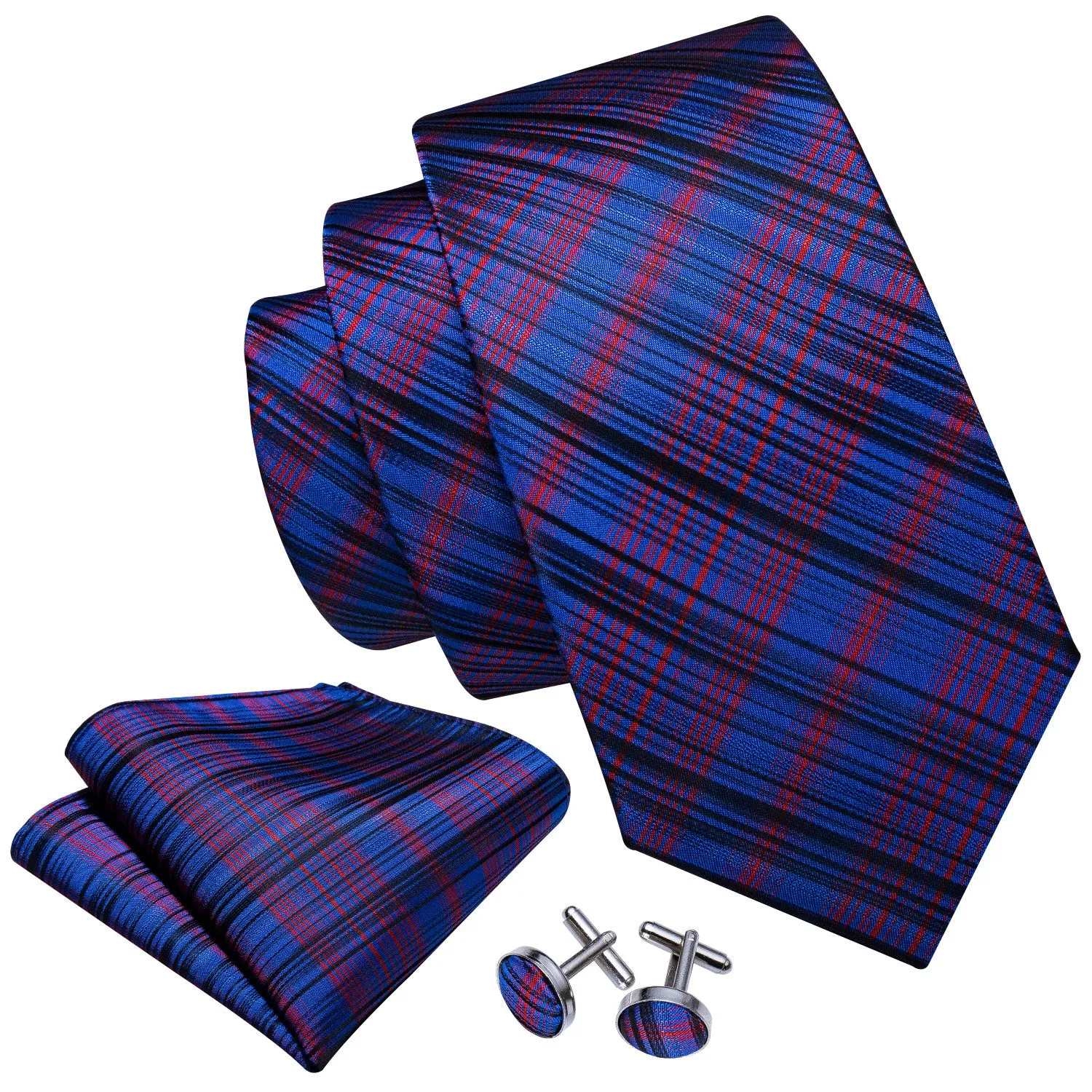 High Gloss Navy Blue Red Stripe Tie Pocket Square Cufflinks Set sold by Barrywang product image thumbnail 3