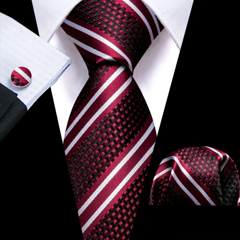 Barry. Wang Mens Striped Tie Red Necktie Set with White Stripes sold by Barrywang