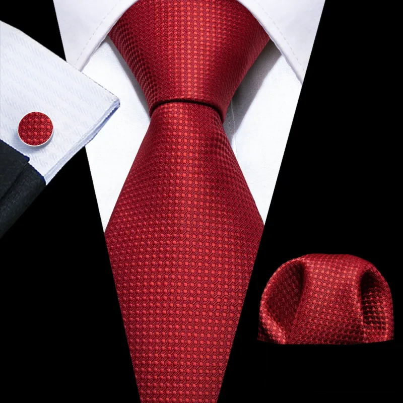 Bright Red Solid Silk Tie Handkerchief Cufflinks Set sold by Barrywang
