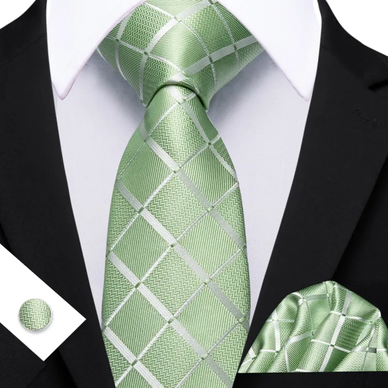 Barry. Wang Mens Plaid Tie Mint Green Checkered Necktie Set sold by Barrywang