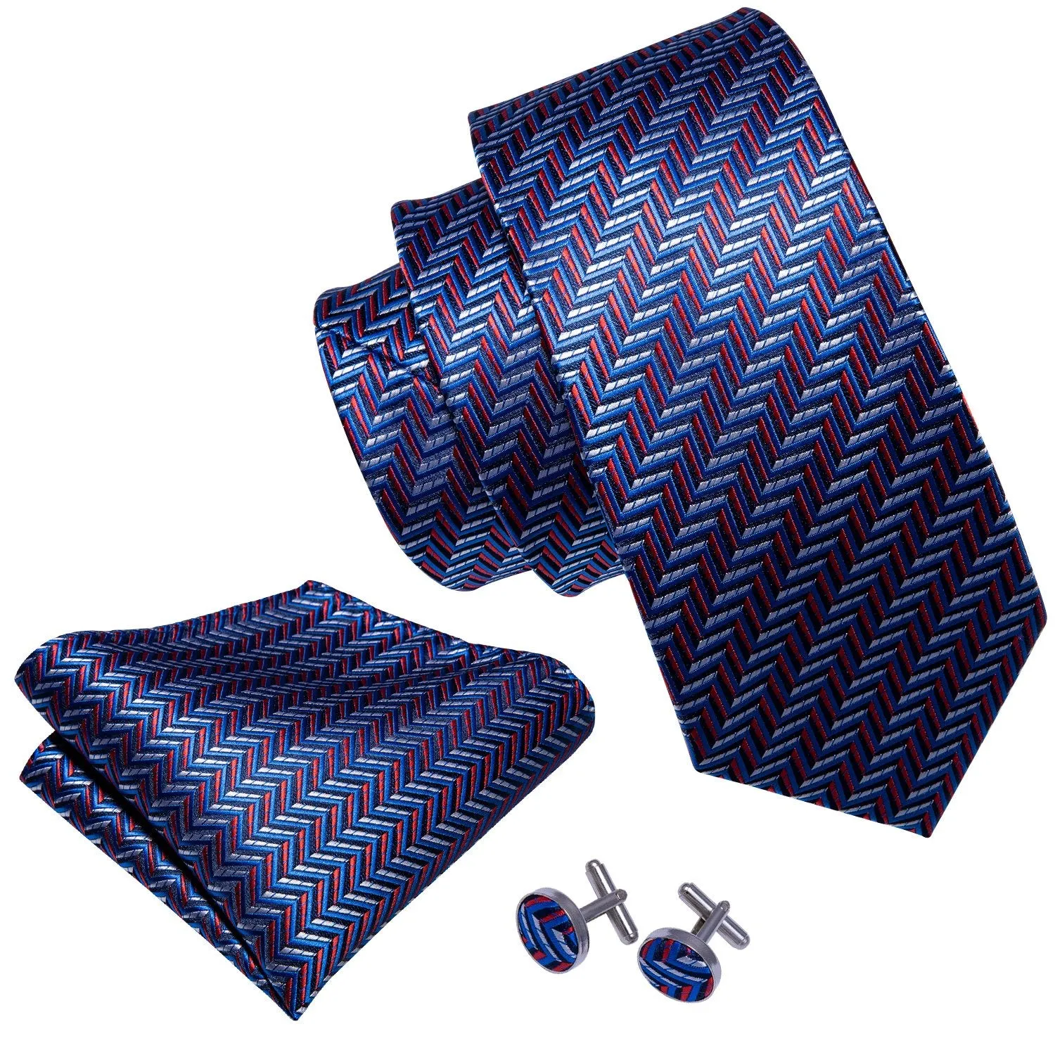 Navy Blue Red Striped Silk Fabric Tie Hanky Cufflinks Set sold by Barrywang product image thumbnail 3
