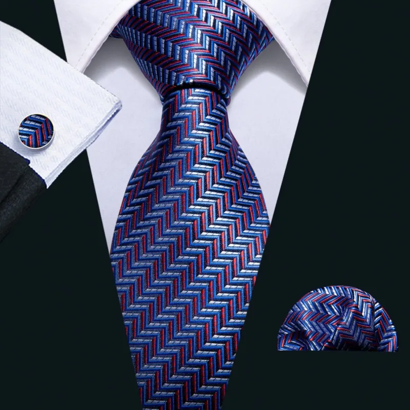 Navy Blue Red Striped Silk Fabric Tie Hanky Cufflinks Set sold by Barrywang