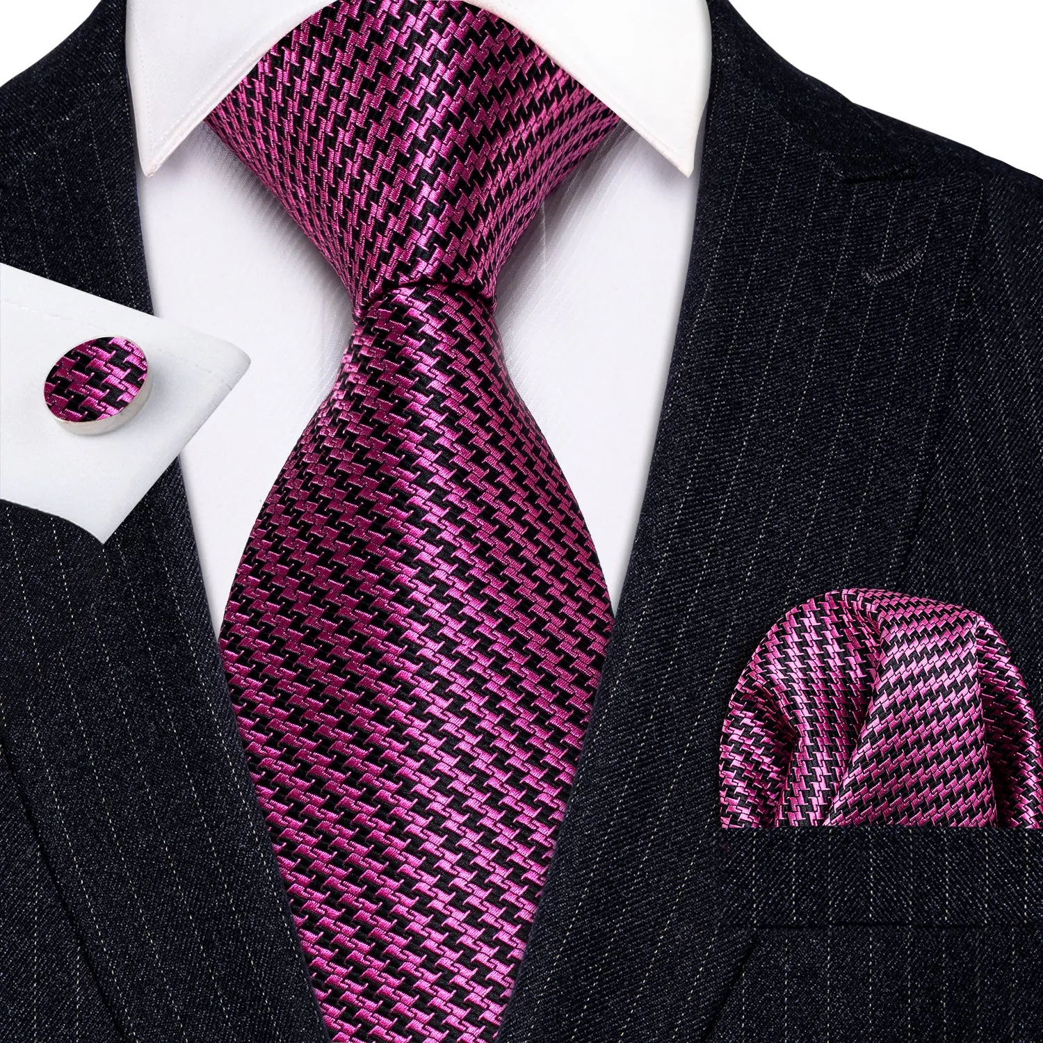 Barry. Wang Purple Houndstooth Silk Fabric Tie Hanky Cufflinks Set sold by Barrywang product image thumbnail 2