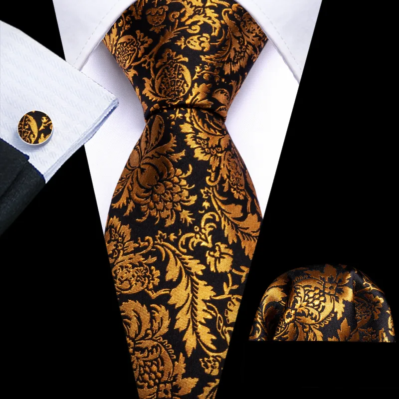 Black Gold Paisley Silk Tie Handkerchief Cufflinks Set sold by Barrywang