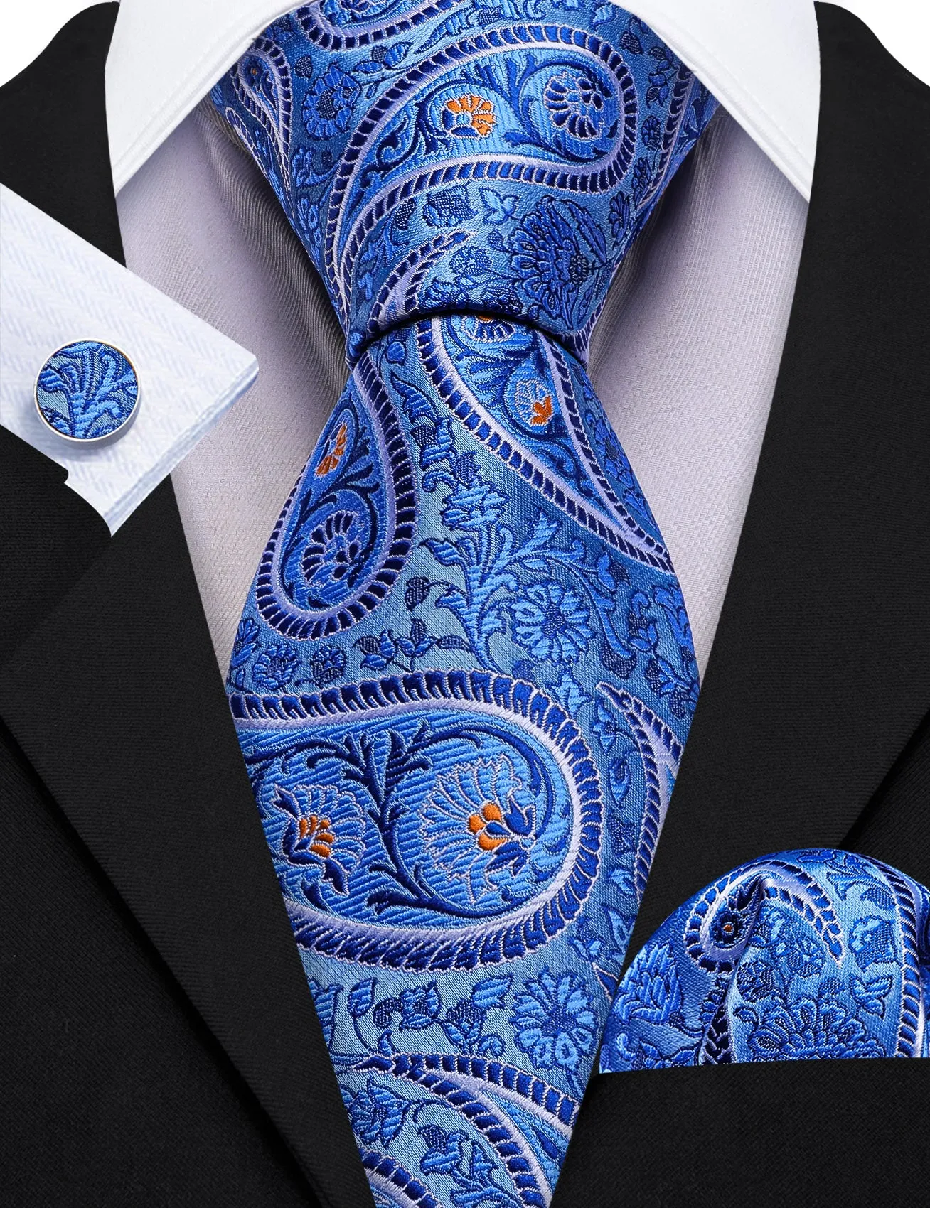 Barry Wang Slate Blue Tie SkyBlue Paisley Silk Tie Hanky Cufflinks Set sold by Barrywang product image thumbnail 5