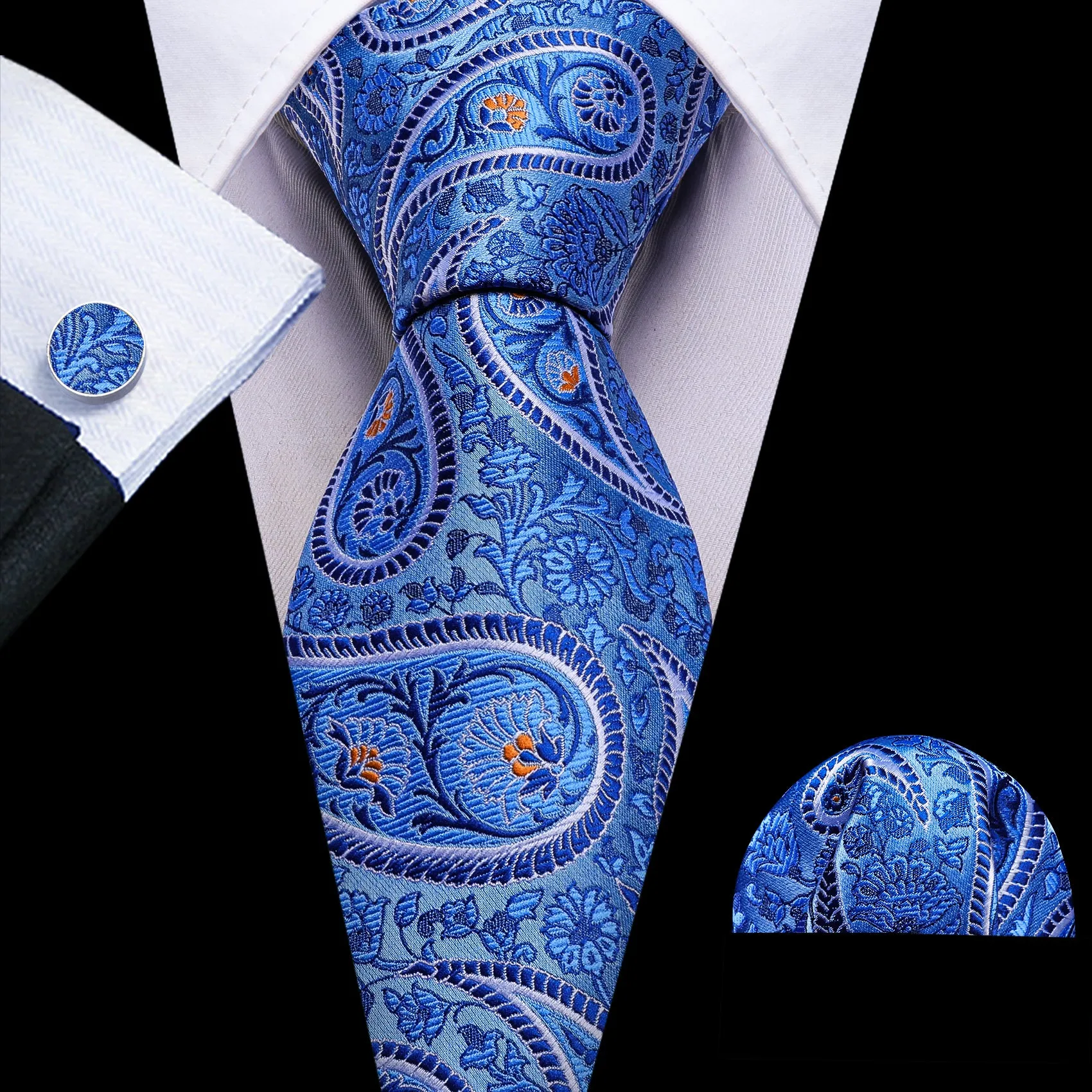 Barry Wang Slate Blue Tie SkyBlue Paisley Silk Tie Hanky Cufflinks Set sold by Barrywang
