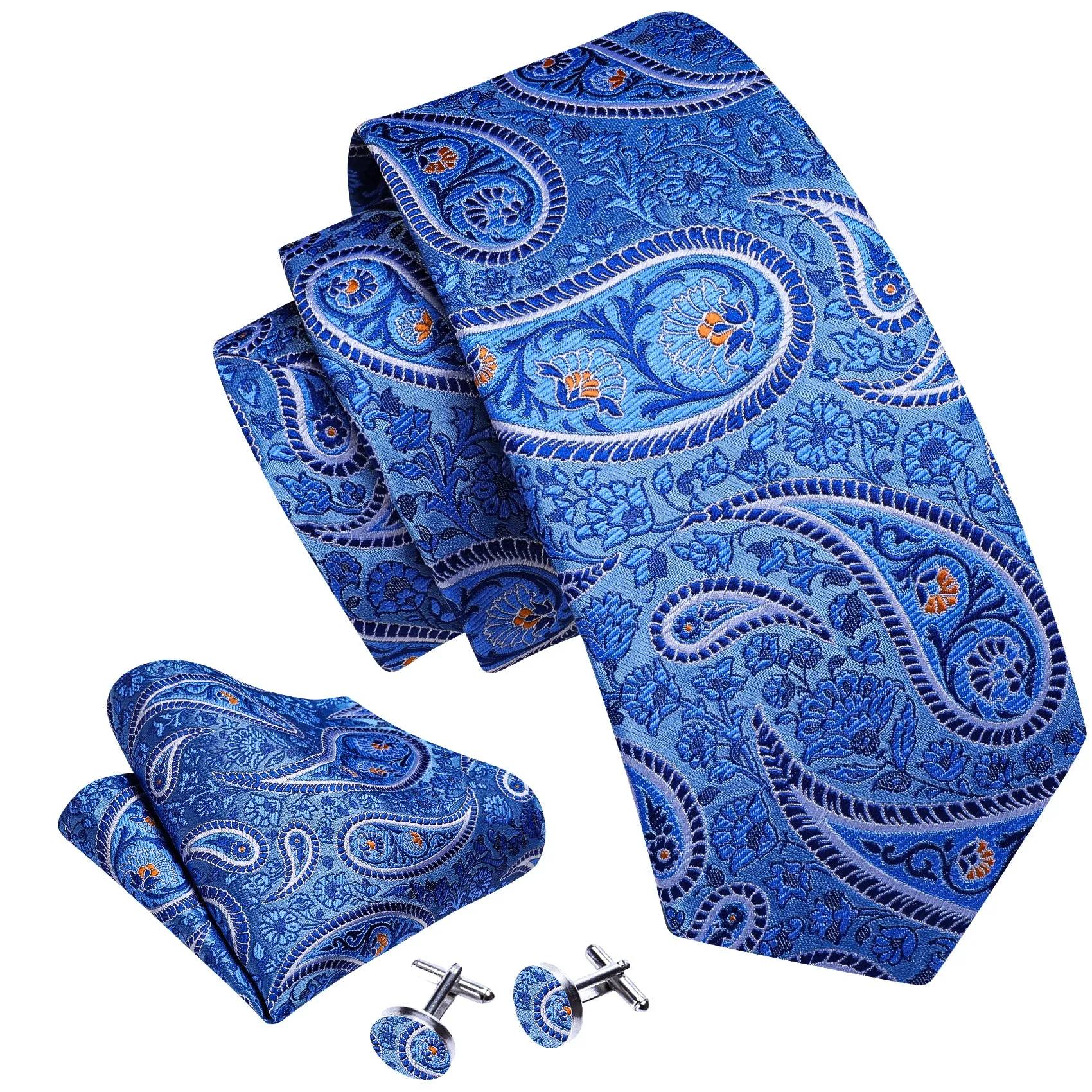 Barry Wang Slate Blue Tie SkyBlue Paisley Silk Tie Hanky Cufflinks Set sold by Barrywang product image thumbnail 2