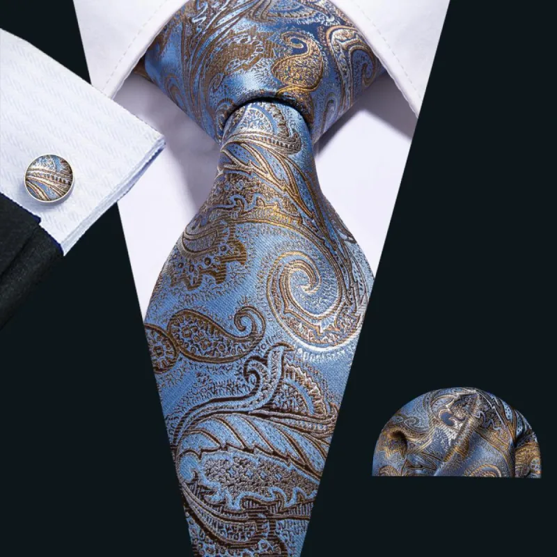 Barry Wang Silver Blue Tie Golden Paisley Silk Tie Hanky Cufflinks Set sold by Barrywang