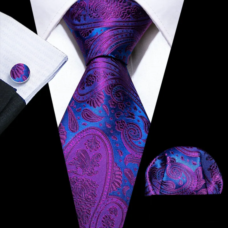 Purple Blue Paisley Silk Tie Pocket Square Cufflinks Set sold by Barrywang