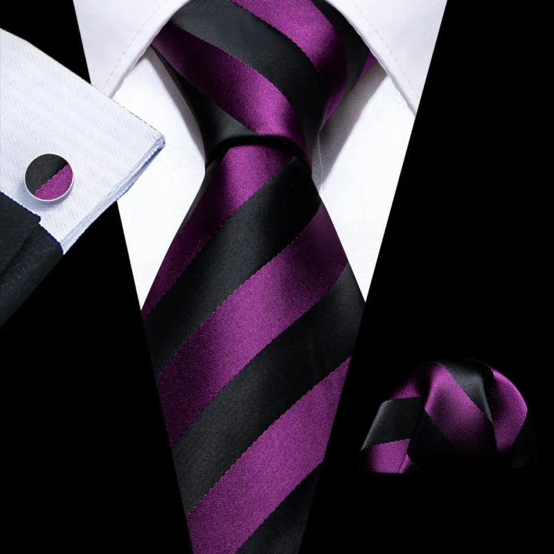 Barry. Wang Purple Black Striped Silk Tie Handkerchief Cufflinks Set sold by Barrywang