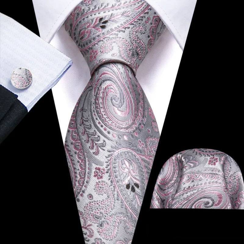 Barry. Wang Mens Grey Pink Paisley Tie Jacquard Pattern Necktie Set sold by Barrywang