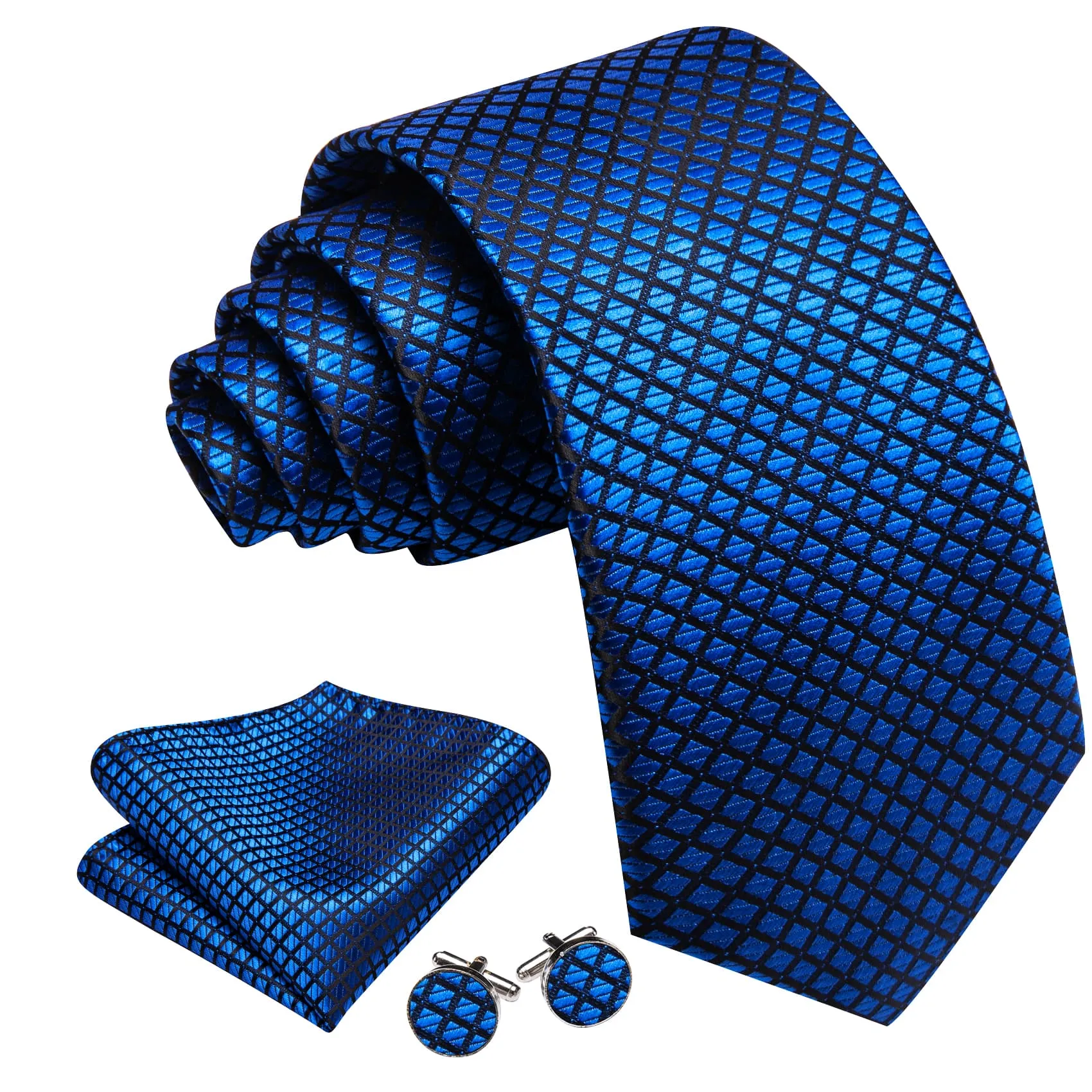 Barry. Wang Plaid Tie Blue Black Checkered Necktie and Cufflink Set sold by Barrywang product image thumbnail 2