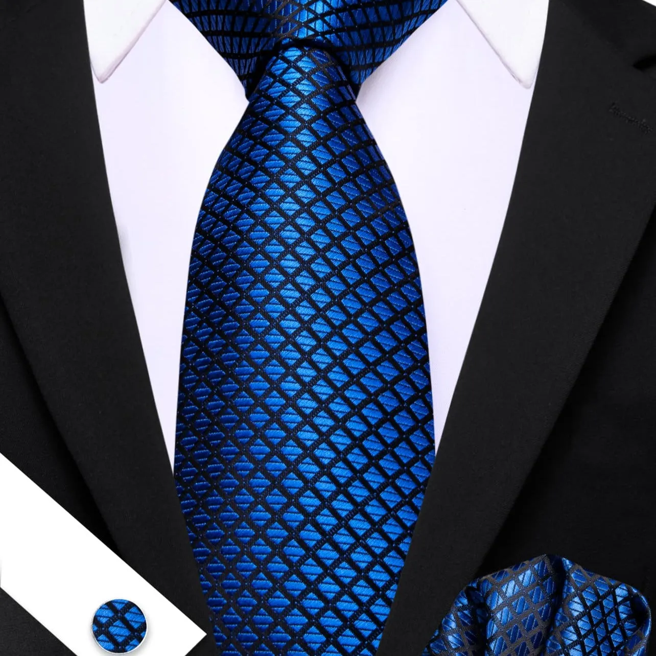 Barry. Wang Plaid Tie Blue Black Checkered Necktie and Cufflink Set sold by Barrywang