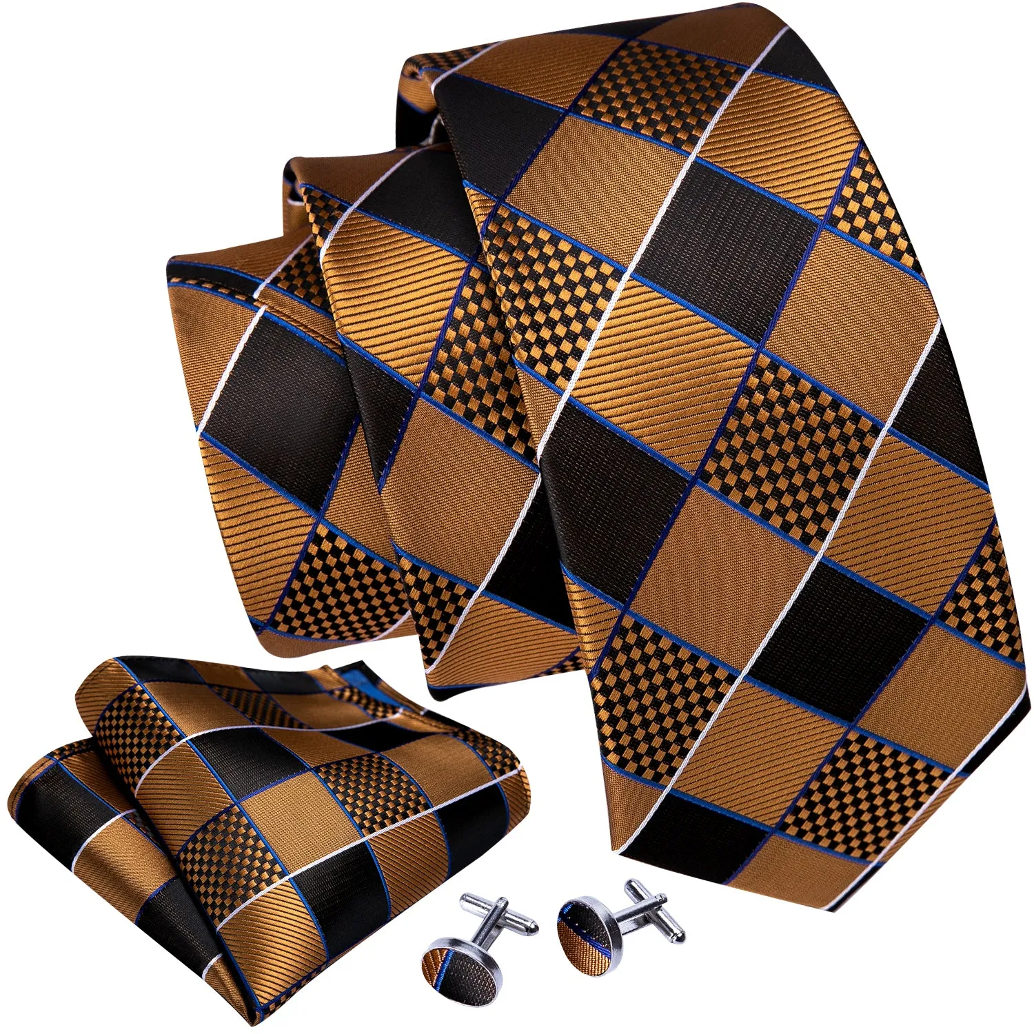 Barry. Wang 4PCS Gold Brown Geometry Plaid Silk Tie Hanky Cufflinks Tie Clip Set sold by Barrywang product image thumbnail 4